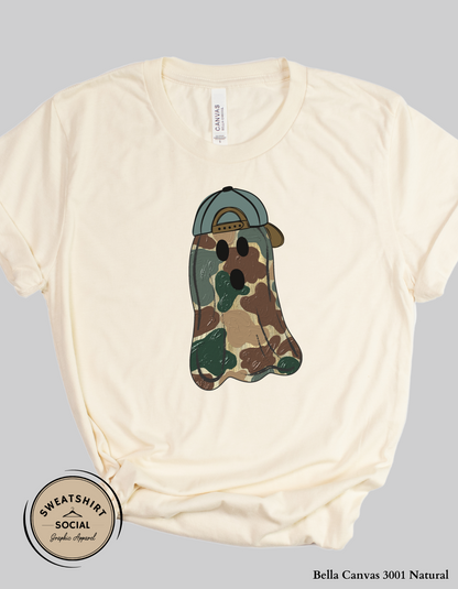Adult Camo Ghost Halloween Shirt – Spooky Cute Tee with Hat (Unisex S–2XL)