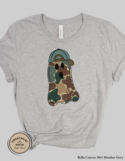 Adult Camo Ghost Halloween Shirt – Spooky Cute Tee with Hat (Unisex S–2XL)
