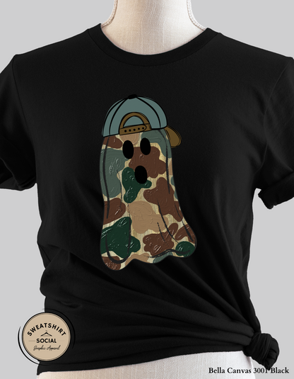 Adult Camo Ghost Halloween Shirt – Spooky Cute Tee with Hat (Unisex S–2XL)