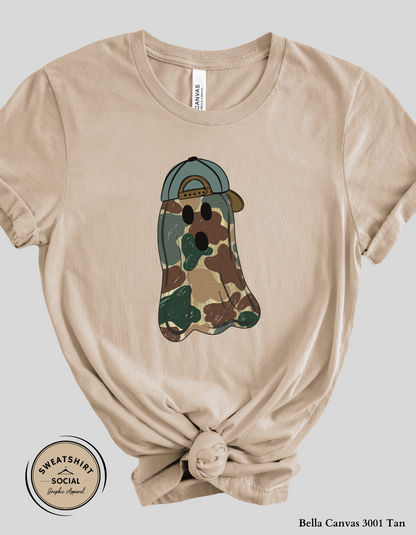 Adult Camo Ghost Halloween Shirt – Spooky Cute Tee with Hat (Unisex S–2XL)