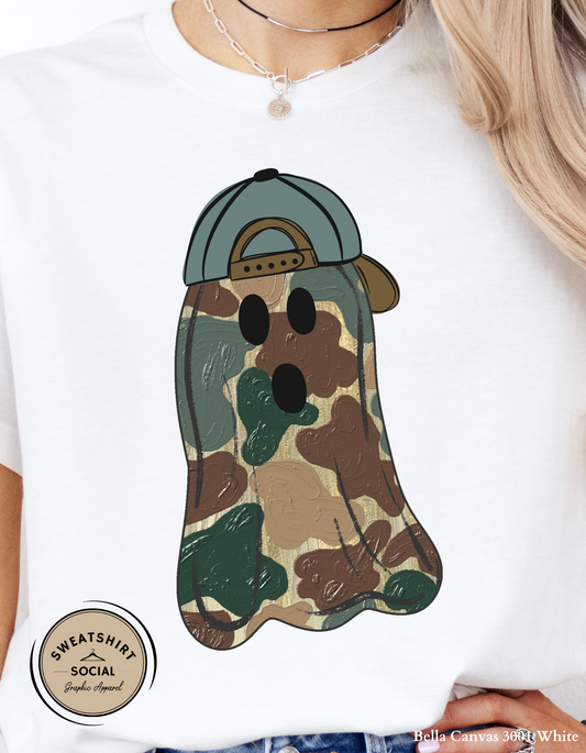 Adult Camo Ghost Halloween Shirt – Spooky Cute Tee with Hat (Unisex S–2XL)