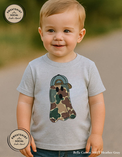 Kids Camo Ghost Halloween Shirt – Spooky Cute Tee with Hat (Infant, Toddler, Youth)