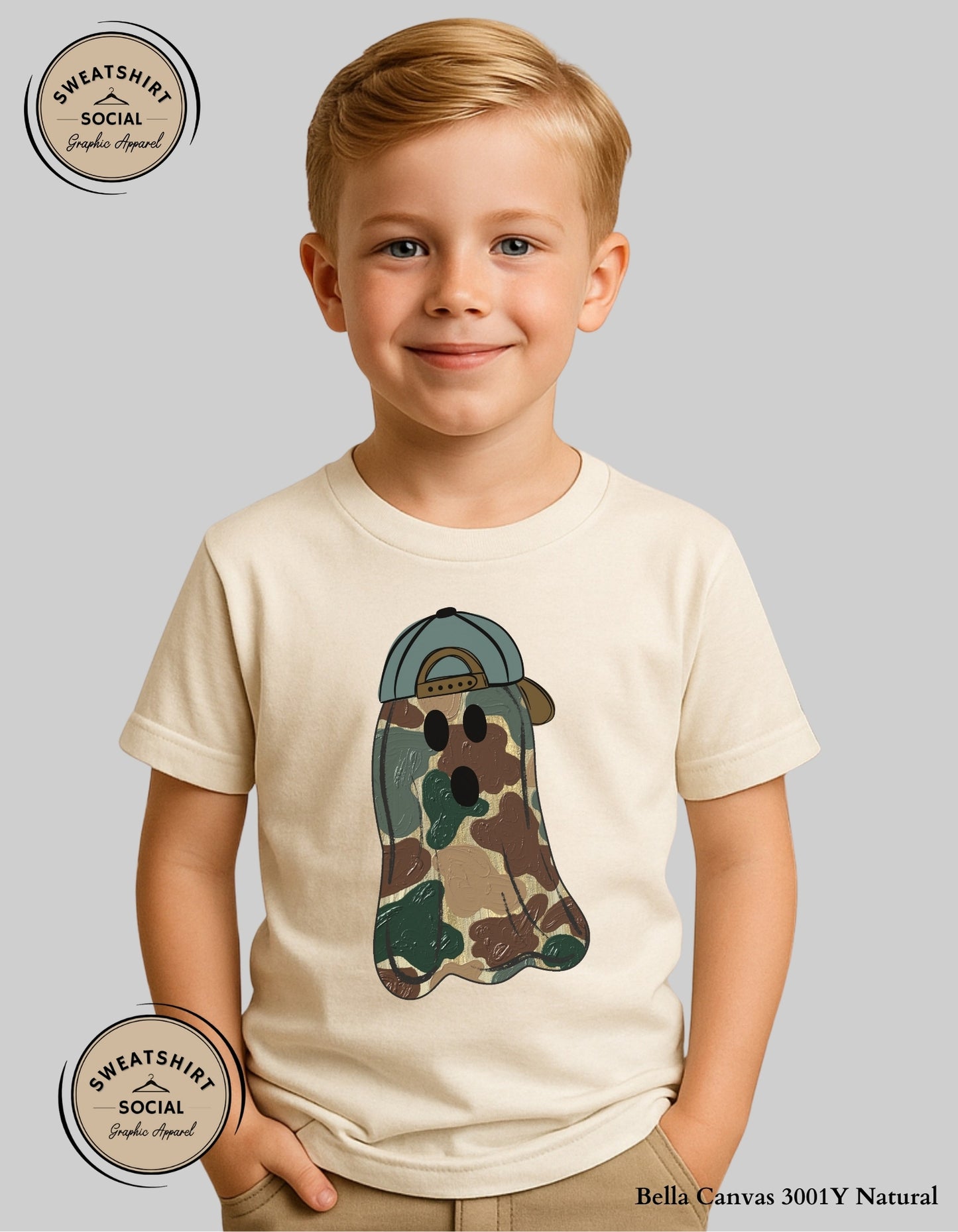 Kids Camo Ghost Halloween Shirt – Spooky Cute Tee with Hat (Infant, Toddler, Youth)