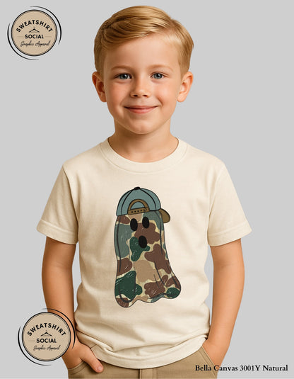 Kids Camo Ghost Halloween Shirt – Spooky Cute Tee with Hat (Infant, Toddler, Youth)