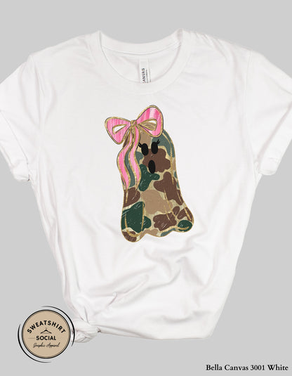 Camo Ghost Halloween Shirt – Pink Bow Spooky Tee (Adult Sizes)