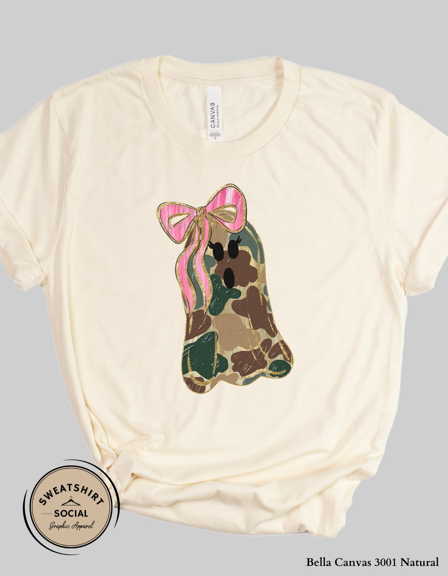 Camo Ghost Halloween Shirt – Pink Bow Spooky Tee (Adult Sizes)