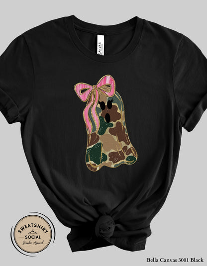 Camo Ghost Halloween Shirt – Pink Bow Spooky Tee (Adult Sizes)
