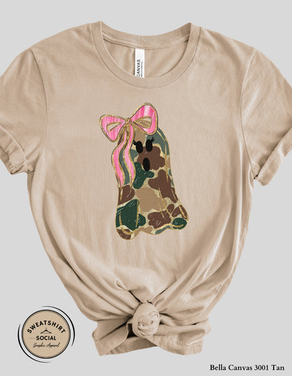 Camo Ghost Halloween Shirt – Pink Bow Spooky Tee (Adult Sizes)