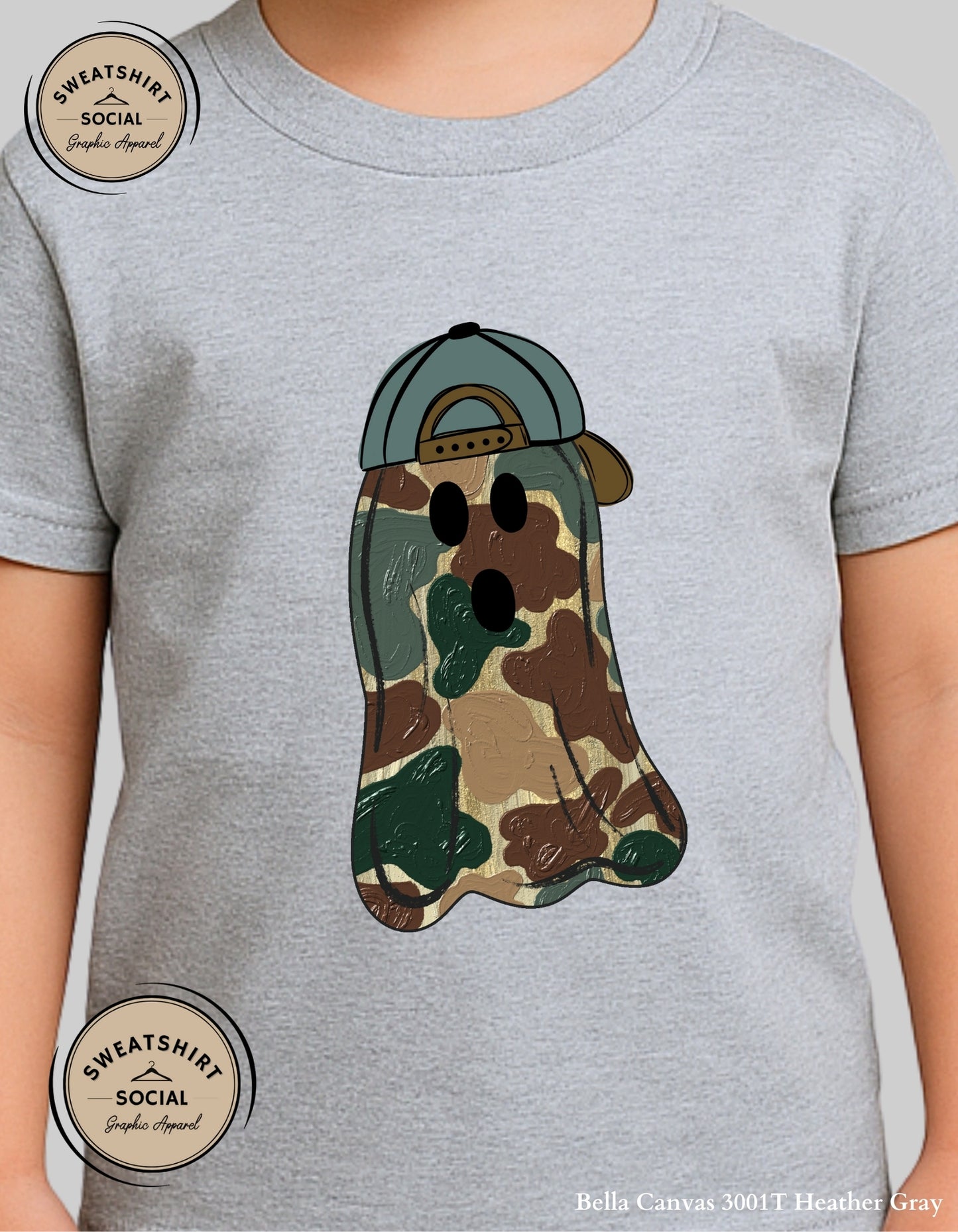 Kids Camo Ghost Halloween Shirt – Spooky Cute Tee with Hat (Infant, Toddler, Youth)