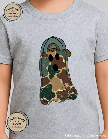 Kids Camo Ghost Halloween Shirt – Spooky Cute Tee with Hat (Infant, Toddler, Youth)