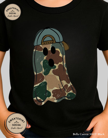 Kids Camo Ghost Halloween Shirt – Spooky Cute Tee with Hat (Infant, Toddler, Youth)