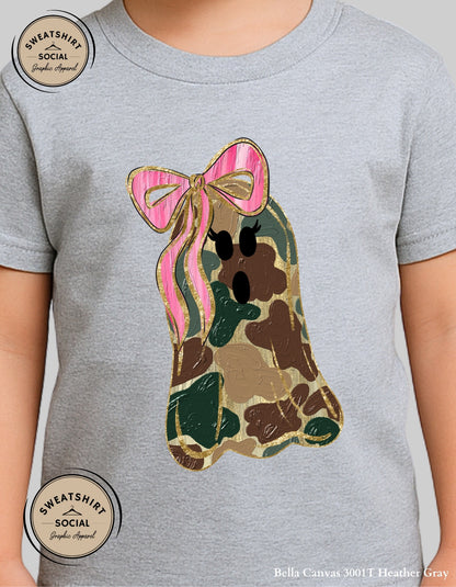 Kids Camo Ghost Halloween Shirt – Pink Bow Spooky Tee (Infant, Toddler, Youth Sizes)