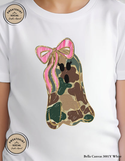 Kids Camo Ghost Halloween Shirt – Pink Bow Spooky Tee (Infant, Toddler, Youth Sizes)