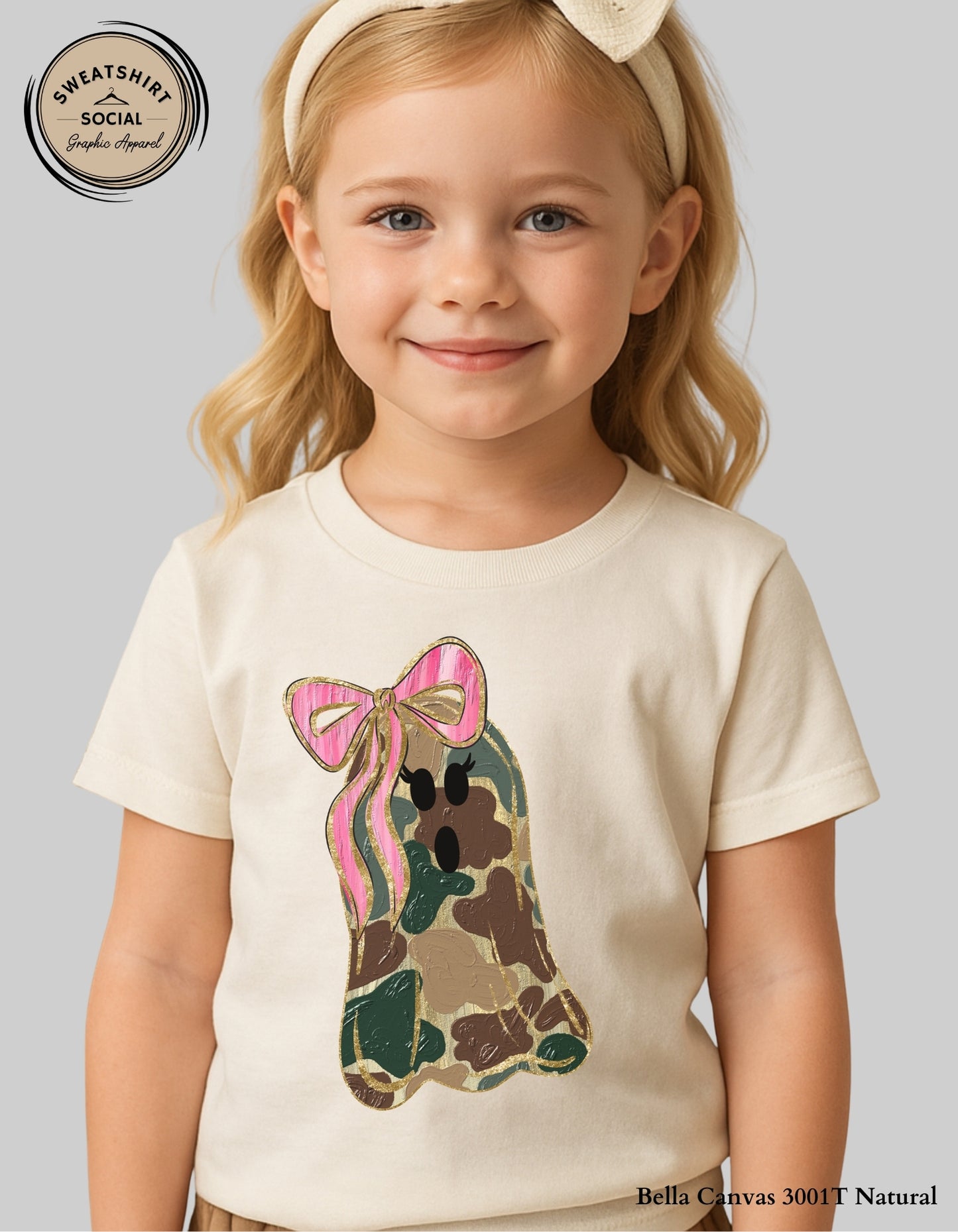 Kids Camo Ghost Halloween Shirt – Pink Bow Spooky Tee (Infant, Toddler, Youth Sizes)