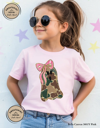 Kids Camo Ghost Halloween Shirt – Pink Bow Spooky Tee (Infant, Toddler, Youth Sizes)