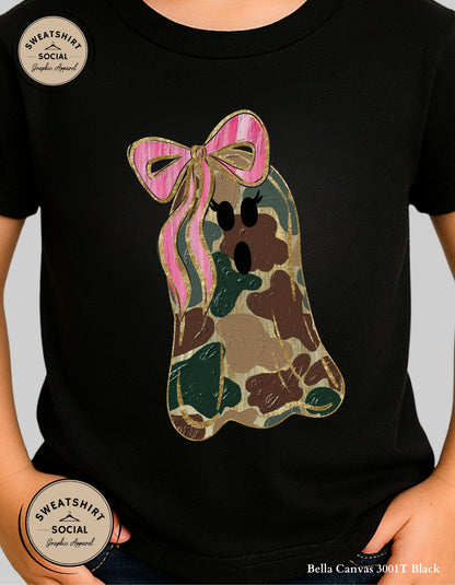 Kids Camo Ghost Halloween Shirt – Pink Bow Spooky Tee (Infant, Toddler, Youth Sizes)