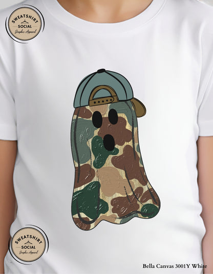 Kids Camo Ghost Halloween Shirt – Spooky Cute Tee with Hat (Infant, Toddler, Youth)