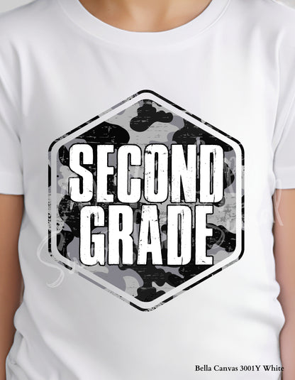 Camo Grade Level Shirt – Black & Gray Distressed Design for Back to School (Toddler & Youth Sizes)