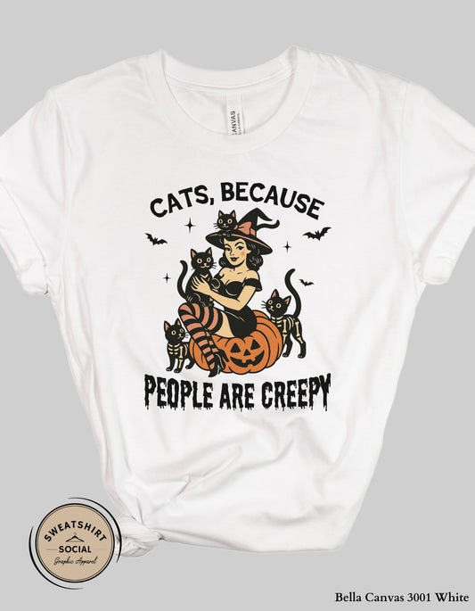 Cats Because People Are Creepy Halloween Tee or Sweatshirt – Retro Witch & Black Cats (Adult Sizes)
