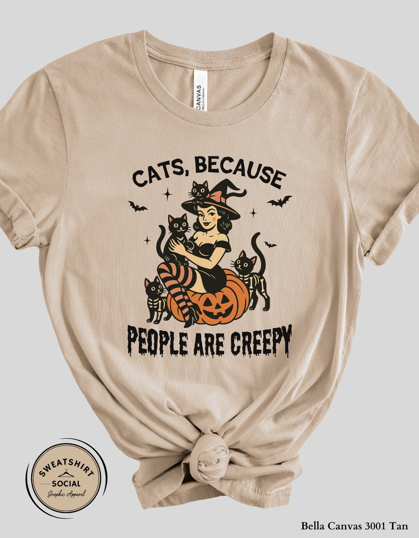Cats Because People Are Creepy Halloween Tee or Sweatshirt – Retro Witch & Black Cats (Adult Sizes)