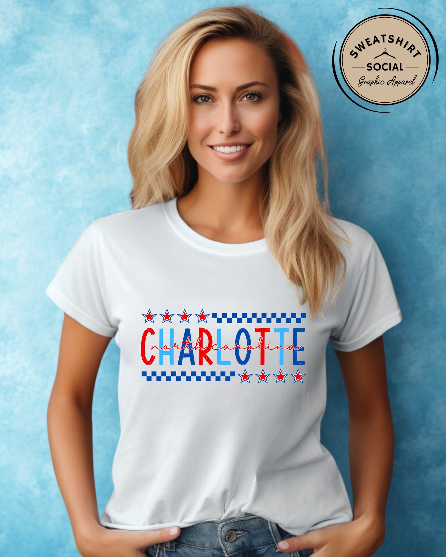 Charlotte NC Fourth of July Shirt – Patriotic Red, White & Blue Hometown T-Shirt