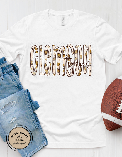 Clemson Tigers Lettered Look Spotted Print Shirt – Game Day Tee or Sweatshirt (Adult Sizes)