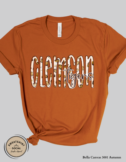 Clemson Tigers Lettered Look Spotted Print Shirt – Game Day Tee or Sweatshirt (Adult Sizes)