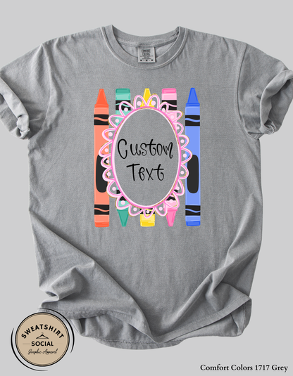 Personalized Teacher Crayon Graphic Tee – Custom Teacher Name Shirt (Adult Sizes S–3XL)