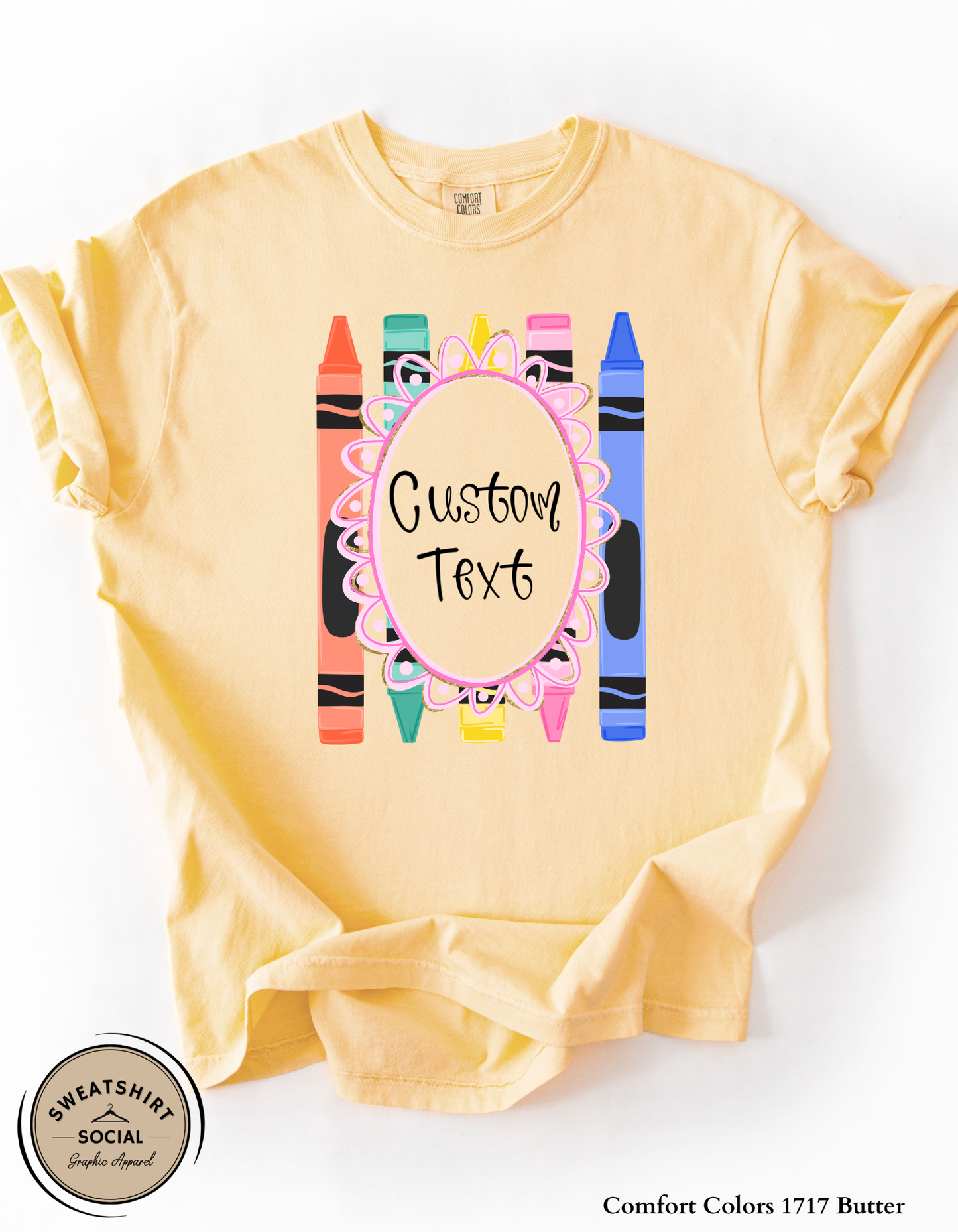 Personalized Teacher Crayon Graphic Tee – Custom Teacher Name Shirt (Adult Sizes S–3XL)