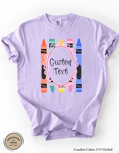 Personalized Teacher Crayon Graphic Tee – Custom Teacher Name Shirt (Adult Sizes S–3XL)