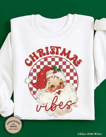 Christmas Vibes T-Shirt or Sweatshirt – Retro Santa Holiday Crewneck (Adult Sizes S–2XL)