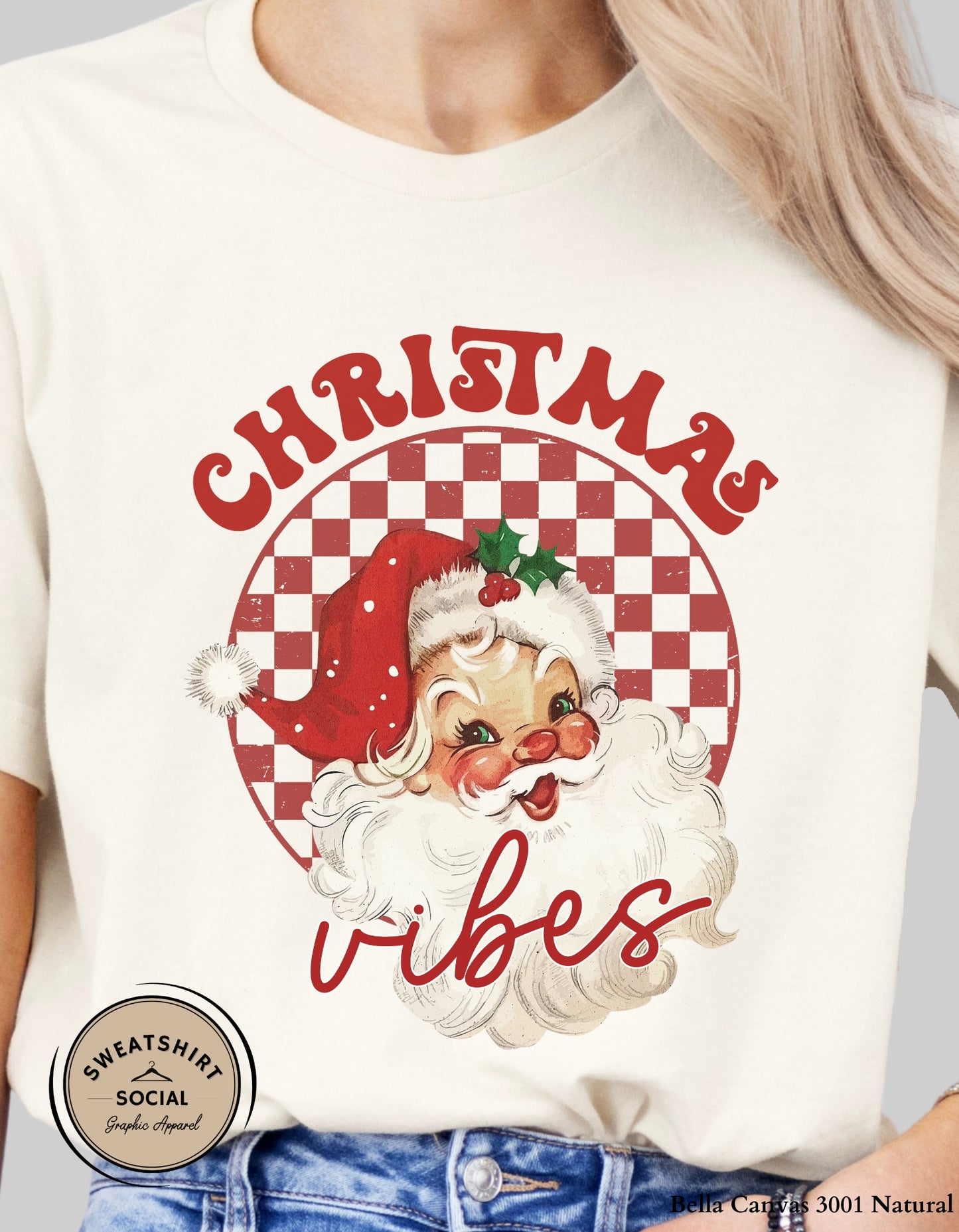 Christmas Vibes T-Shirt or Sweatshirt – Retro Santa Holiday Crewneck (Adult Sizes S–2XL)