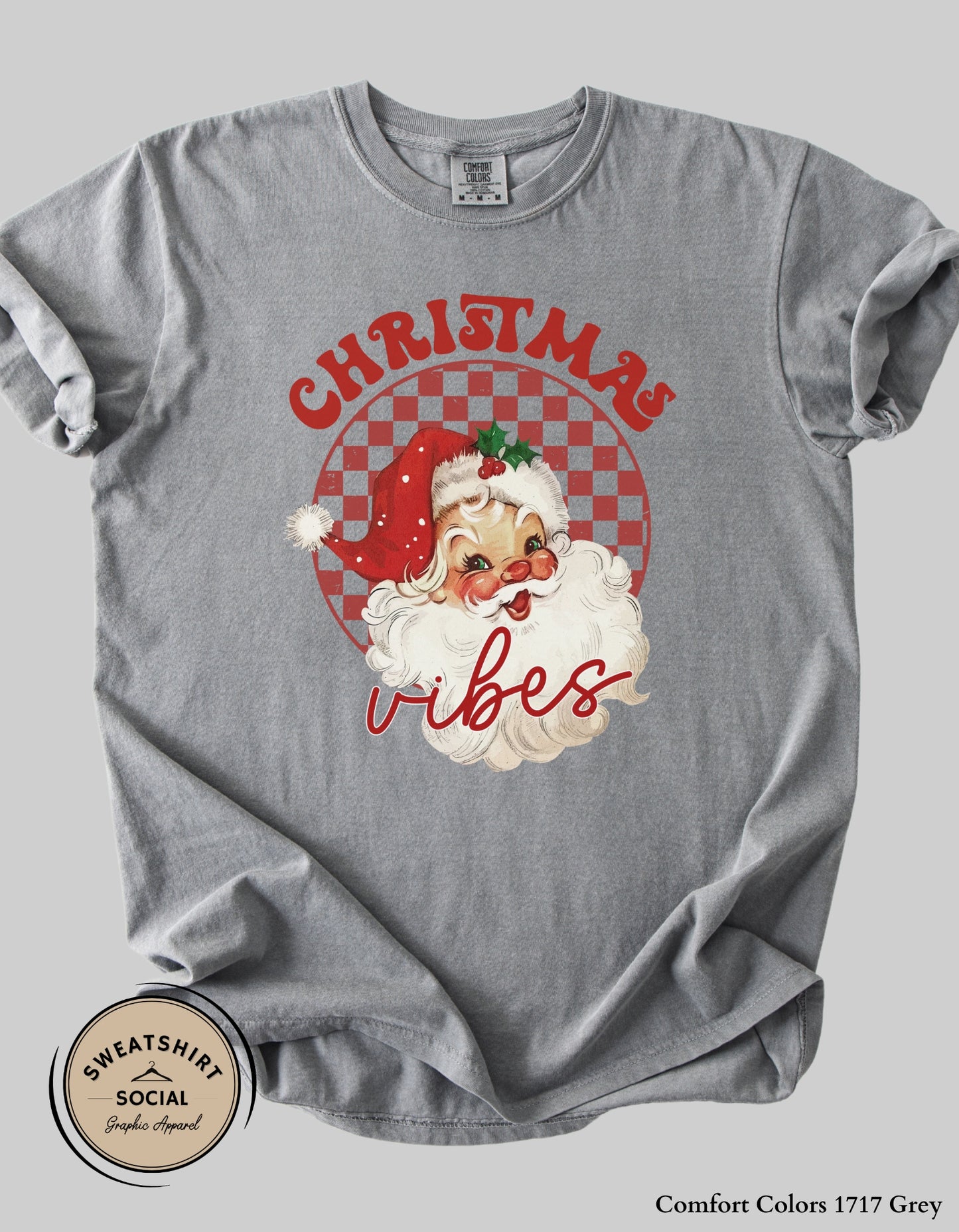 Christmas Vibes T-Shirt or Sweatshirt – Retro Santa Holiday Crewneck (Adult Sizes S–2XL)