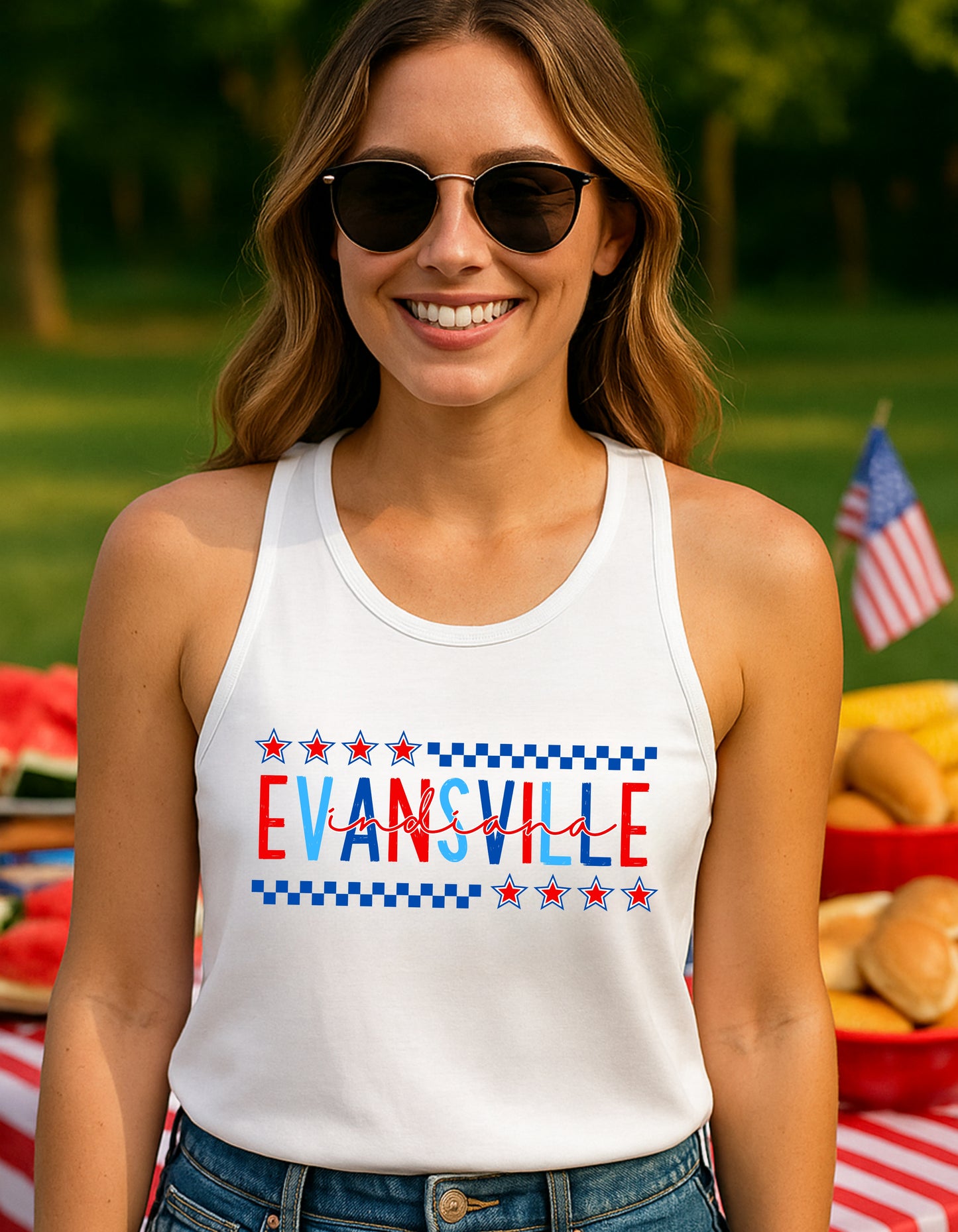 Evansville IN Fourth of July Shirt – Patriotic Red, White & Blue Hometown T-Shirt or Tank