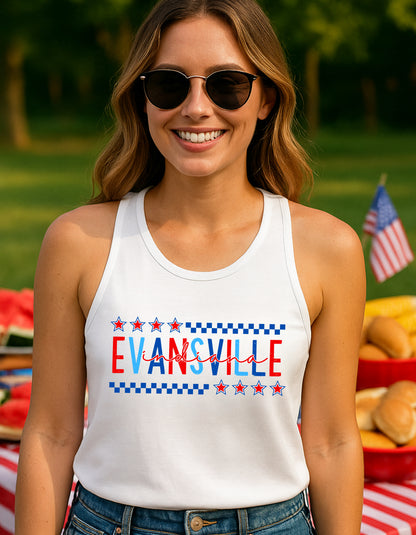 Evansville IN Fourth of July Shirt – Patriotic Red, White & Blue Hometown T-Shirt or Tank