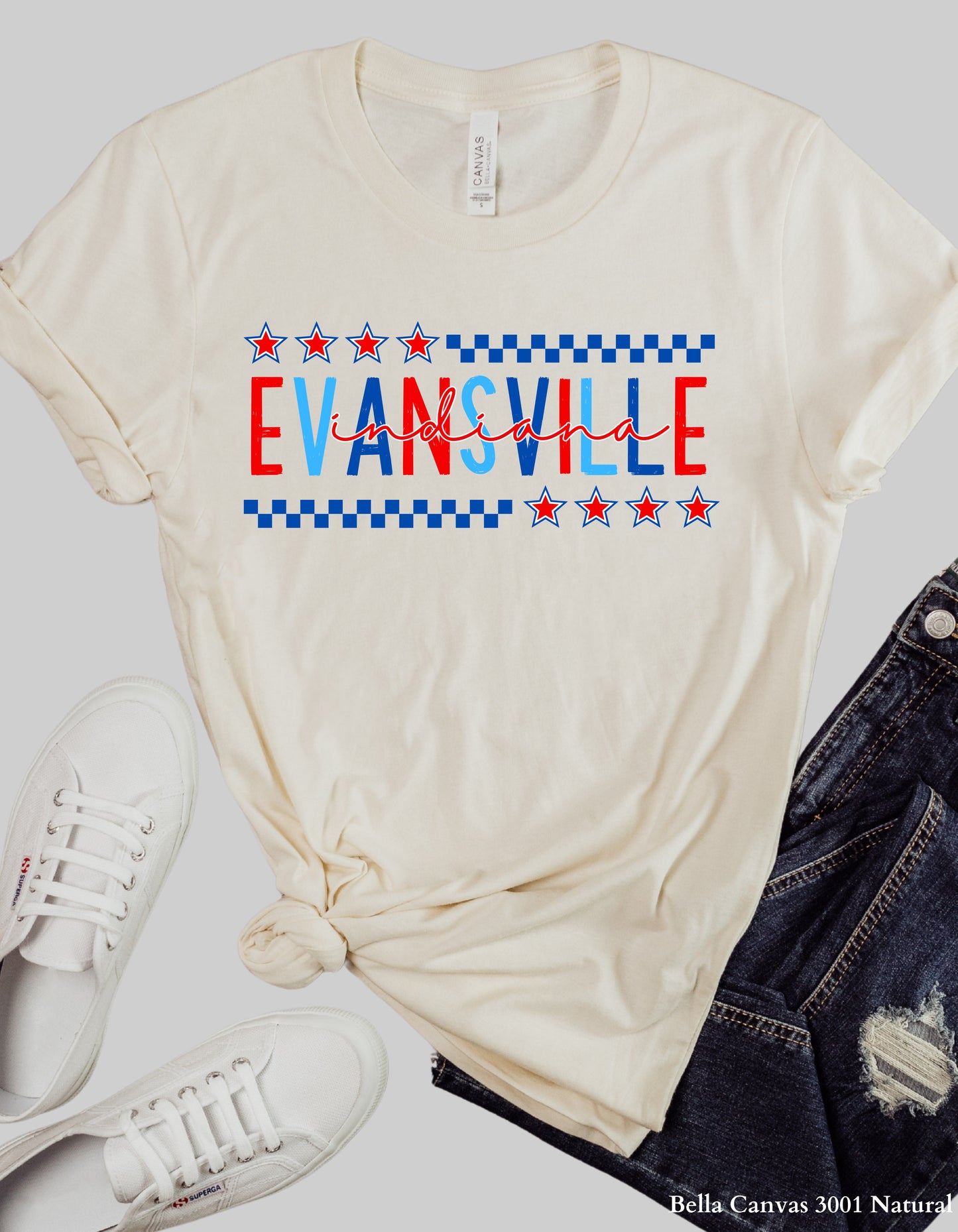 Evansville IN Fourth of July Shirt – Patriotic Red, White & Blue Hometown T-Shirt or Tank