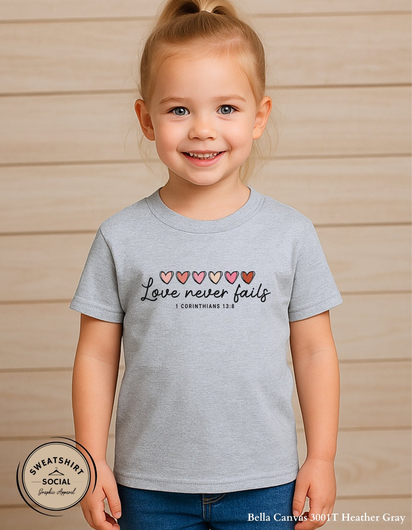 Love Never Fails Valentine Shirt for Kids – 1 Corinthians 13:8 Design (Infant–Youth Sizes)