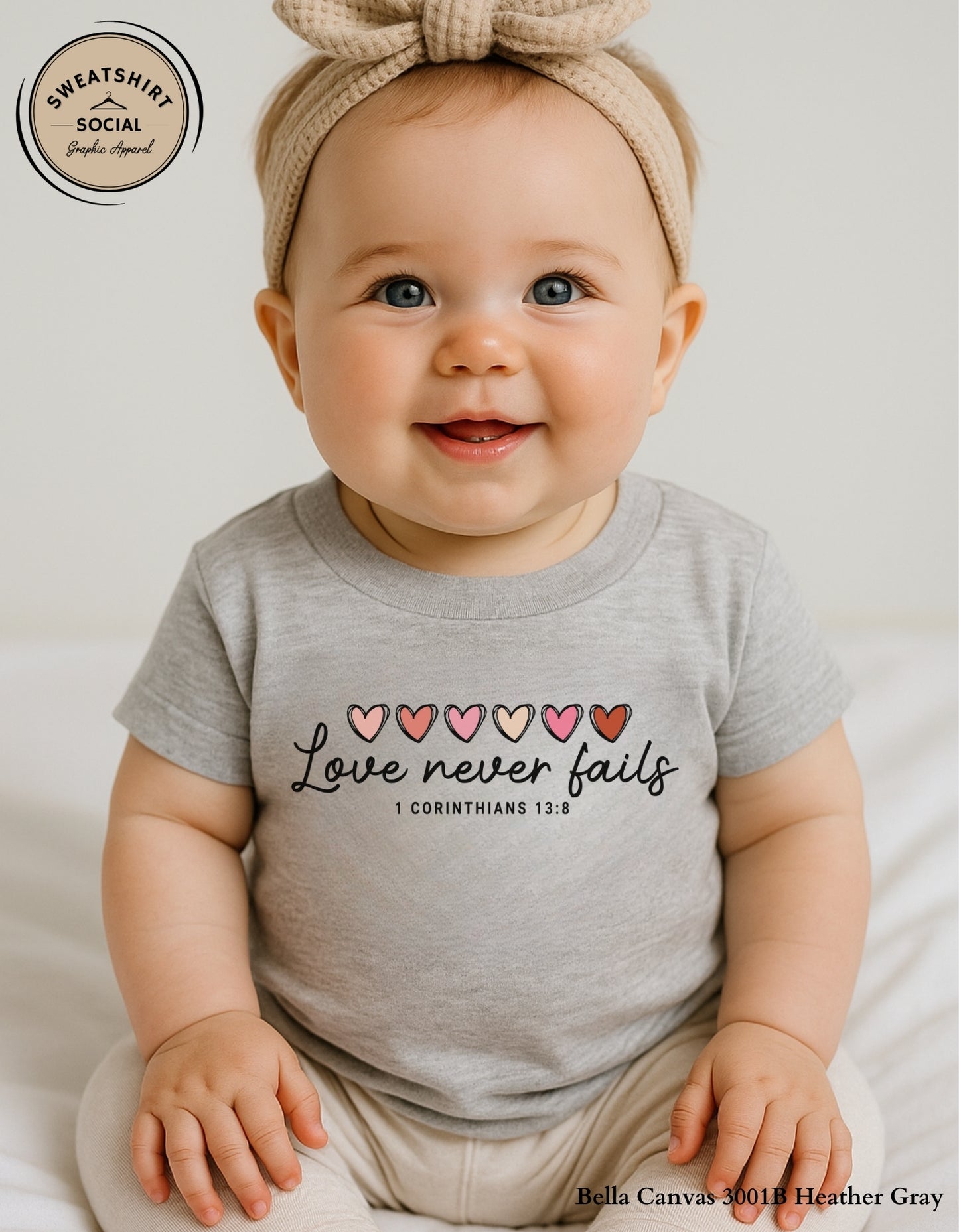 Love Never Fails Valentine Shirt for Kids – 1 Corinthians 13:8 Design (Infant–Youth Sizes)