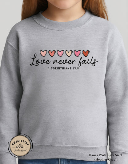 Love Never Fails Valentine Shirt for Kids – 1 Corinthians 13:8 Design (Infant–Youth Sizes)