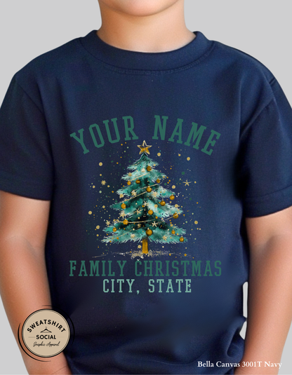 Kids Personalized Family Christmas T-Shirt or Sweatshirt – Custom Name & City Design (Infant–Youth Sizes)