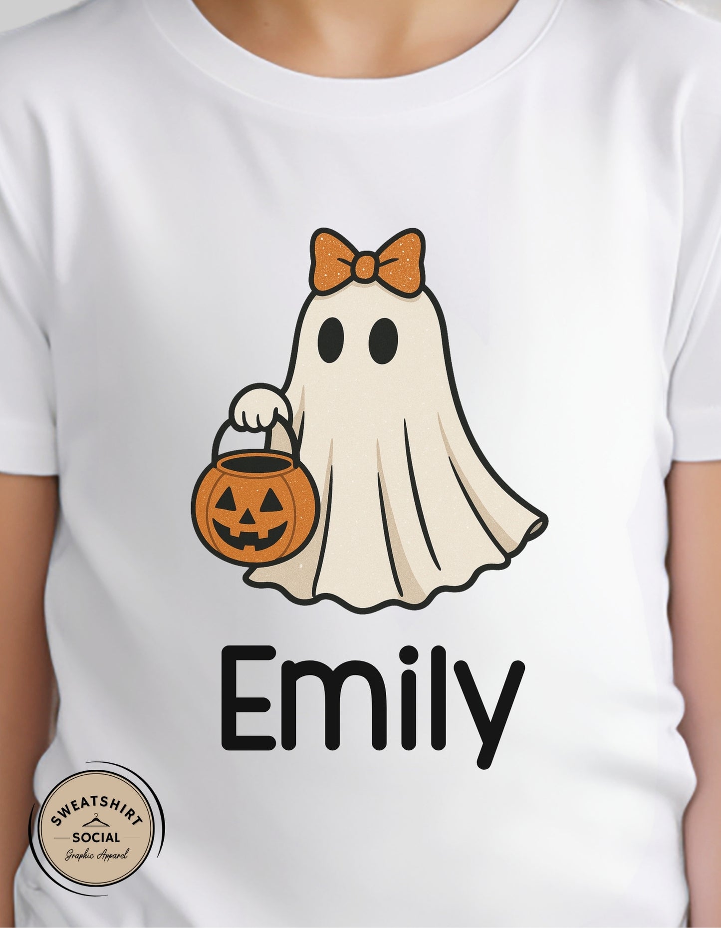 Kids Bow Ghost Halloween Shirt – Customizable Name (Trick-or-Treat Tee or Sweatshirt)