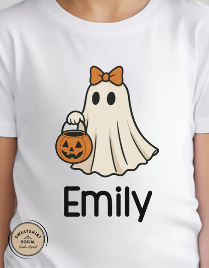 Kids Bow Ghost Halloween Shirt – Customizable Name (Trick-or-Treat Tee or Sweatshirt)