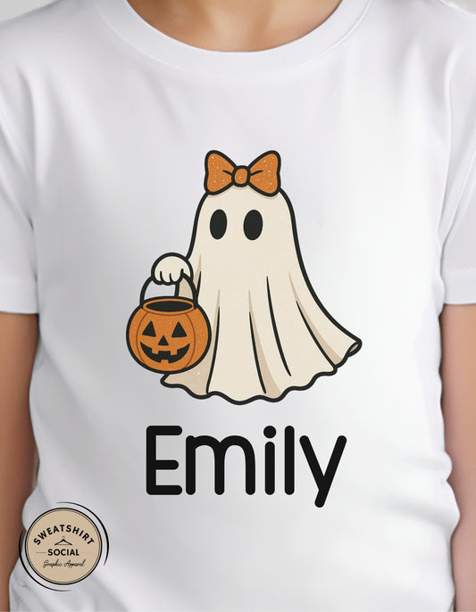 Kids Bow Ghost Halloween Shirt – Customizable Name (Trick-or-Treat Tee or Sweatshirt)