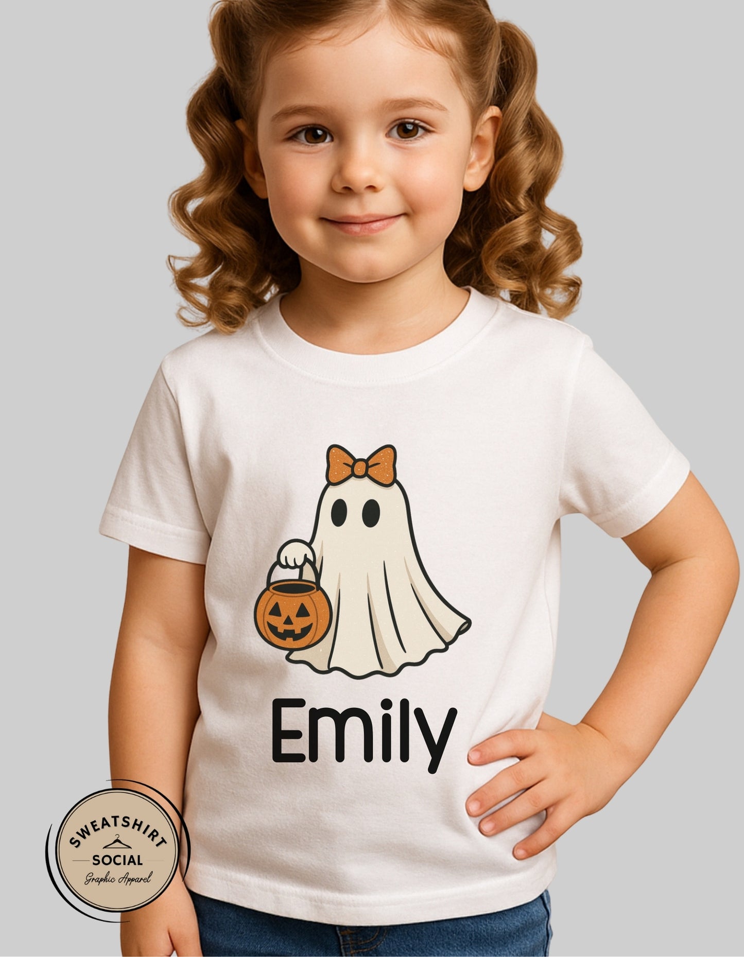 Kids Bow Ghost Halloween Shirt – Customizable Name (Trick-or-Treat Tee or Sweatshirt)