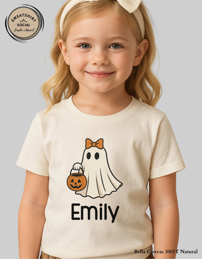 Kids Bow Ghost Halloween Shirt – Customizable Name (Trick-or-Treat Tee or Sweatshirt)