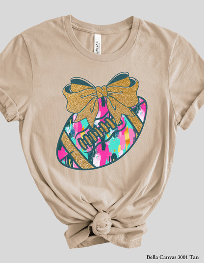 Colorful Game Day Football Shirt with Bow – Faux Glitter Design (Adult Tee or Sweatshirt for Football Moms & Fans)