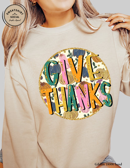 Give Thanks Retro Pumpkin Shirt – Glitter Fall Thanksgiving Tee (Adult Sizes S–2XL)