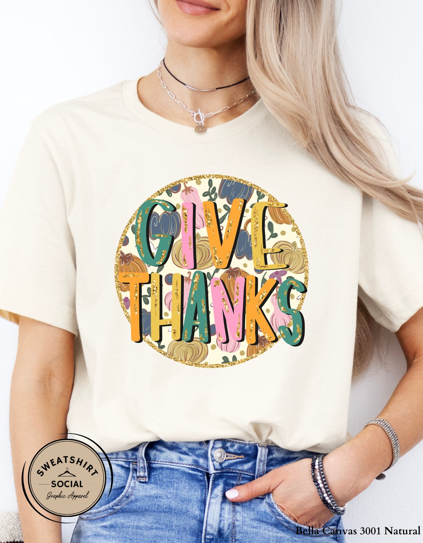 Give Thanks Retro Pumpkin Shirt – Glitter Fall Thanksgiving Tee (Adult Sizes S–2XL)
