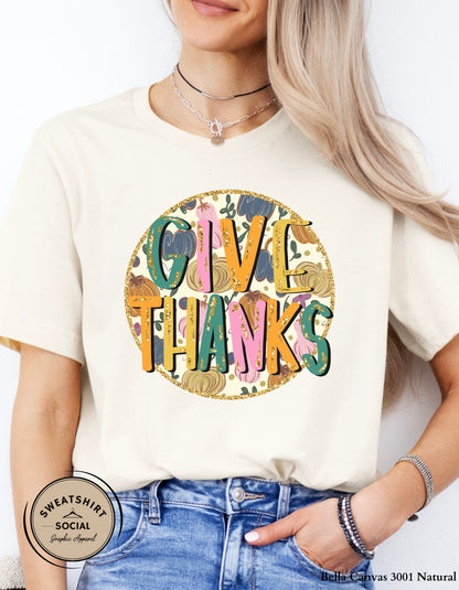 Give Thanks Retro Pumpkin Shirt – Glitter Fall Thanksgiving Tee (Adult Sizes S–2XL)