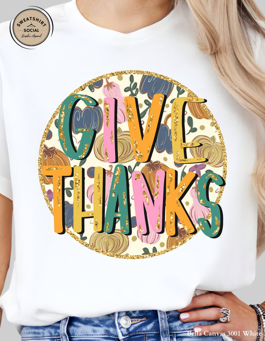 Give Thanks Retro Pumpkin Shirt – Glitter Fall Thanksgiving Tee (Adult Sizes S–2XL)